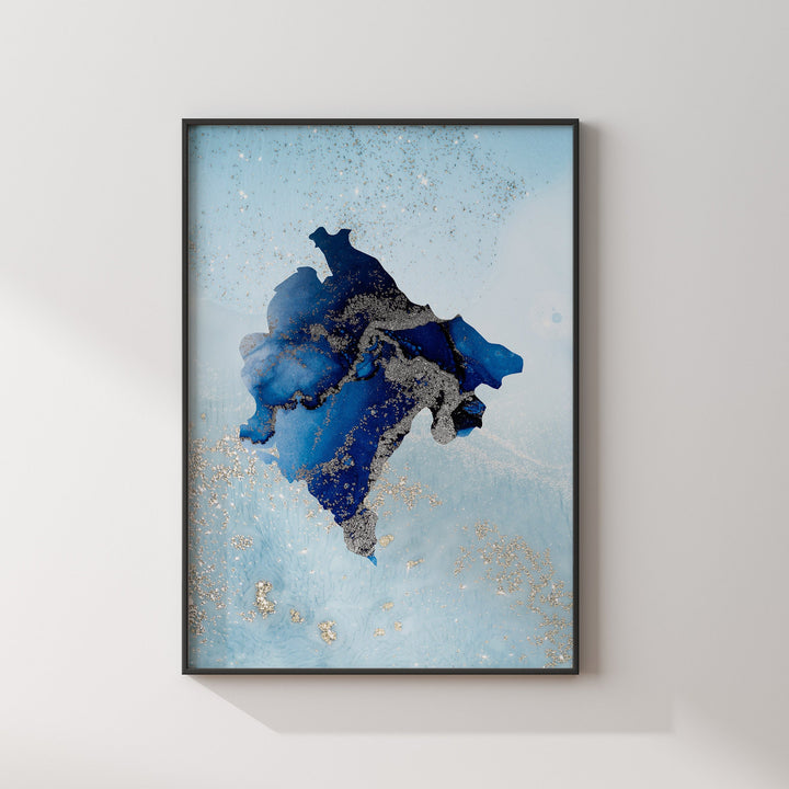 Montenegro Map Shades of Blue & Silver Wall Art Print