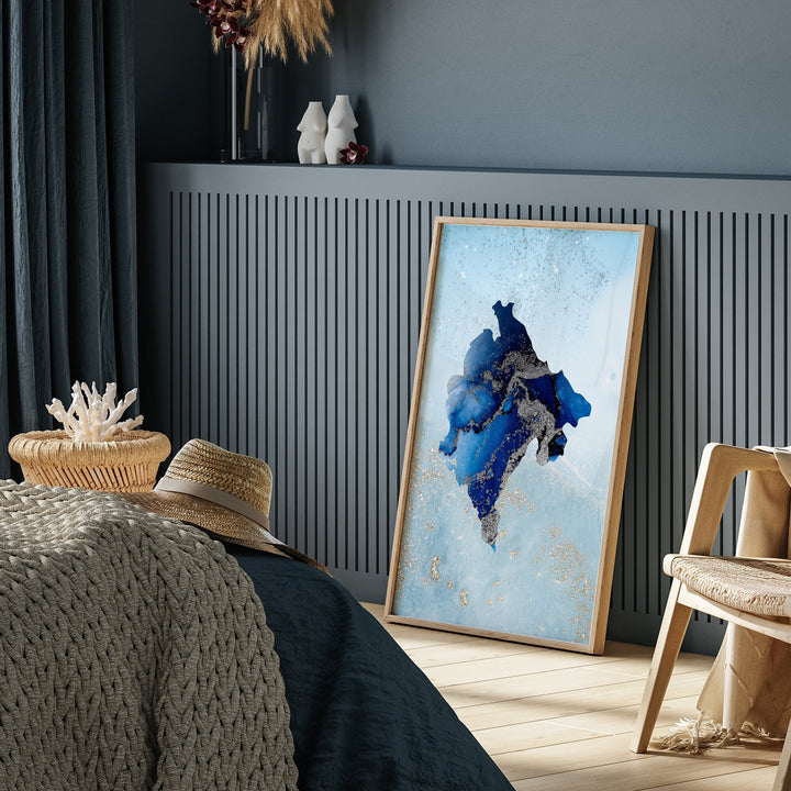 Montenegro Map Shades of Blue & Silver Wall Art Print