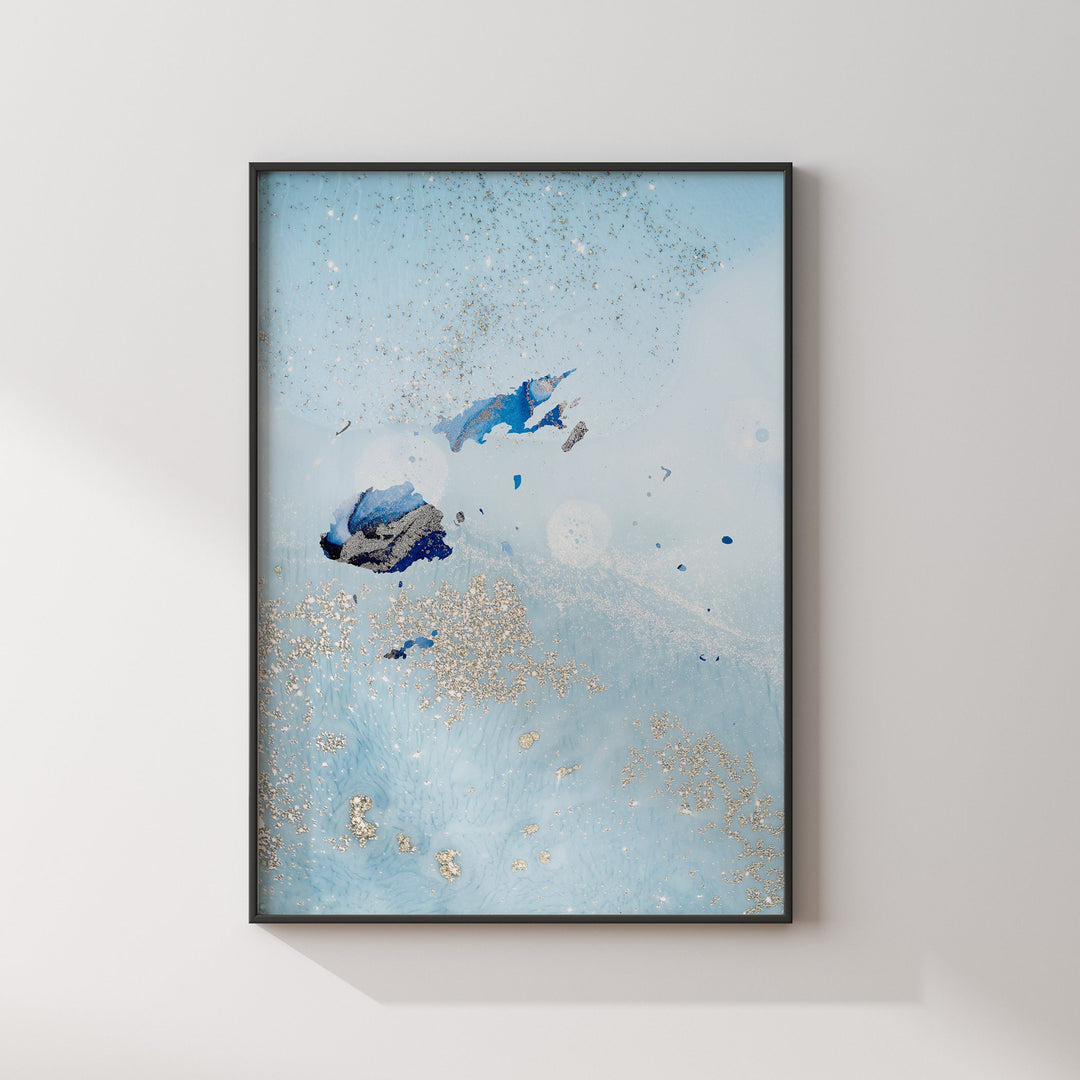 Fiji Map Shades of Blue & Silver Wall Art Print