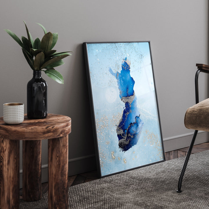 Finland Map Shades of Blue & Silver Wall Art Print