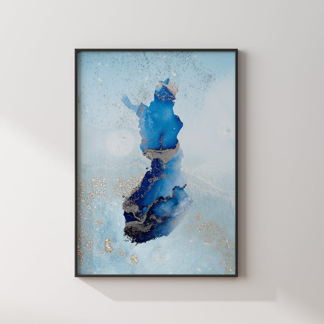 Finland Map Shades of Blue & Silver Wall Art Print