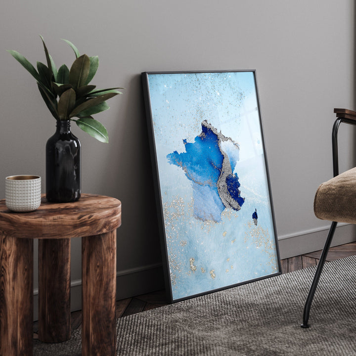 France Map Shades of Blue & Silver Wall Art Print