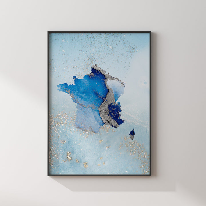 France Map Shades of Blue & Silver Wall Art Print