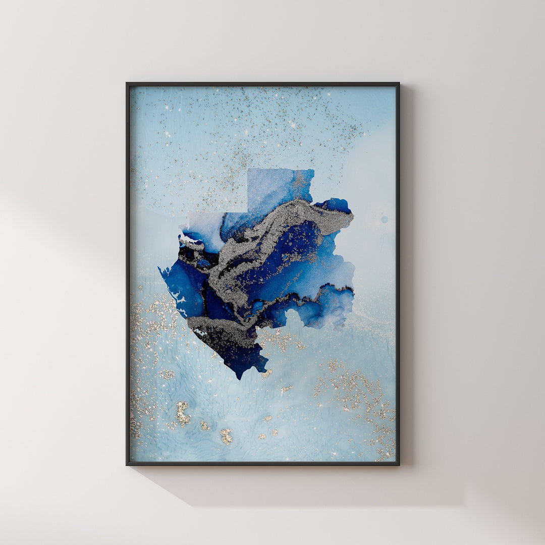 Gabon Map Shades of Blue & Silver Wall Art Print