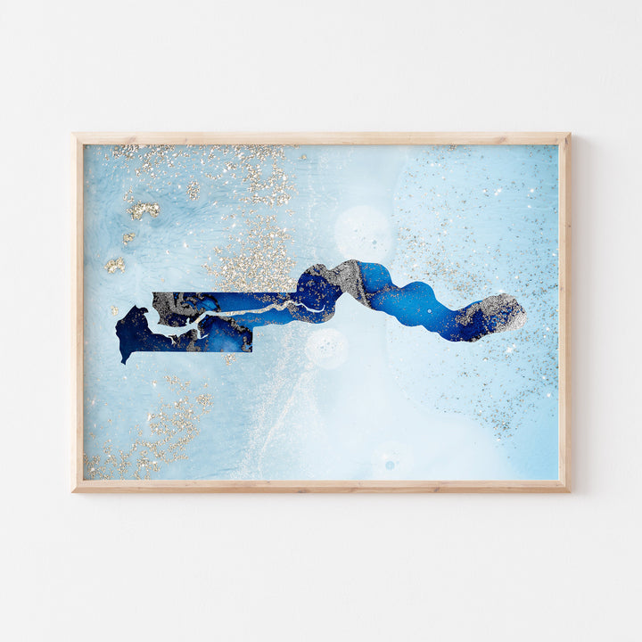 Gambia Map Shades of Blue & Silver Wall Art Print