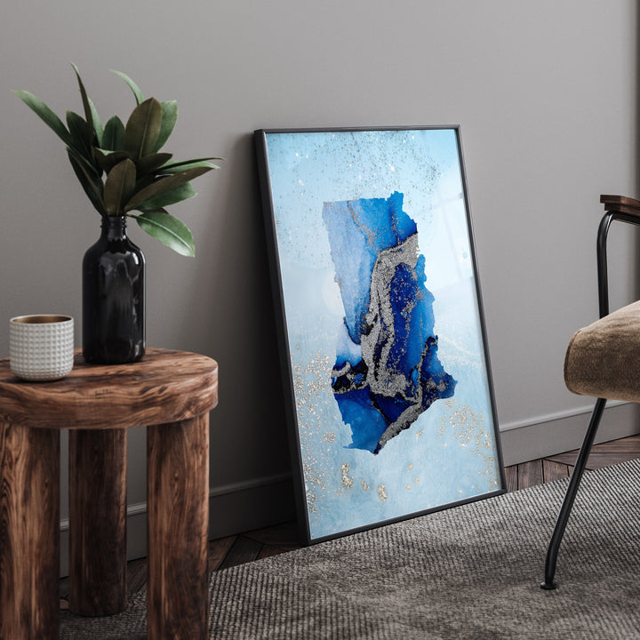Ghana Map Shades of Blue & Silver Wall Art Print
