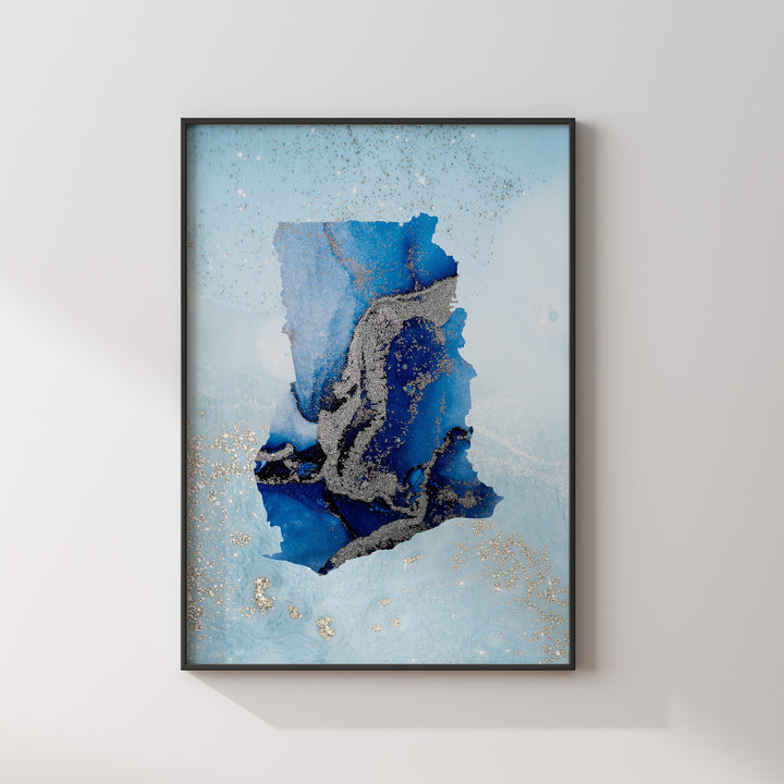 Ghana Map Shades of Blue & Silver Wall Art Print