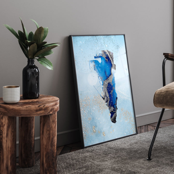 Gibraltar Map Shades of Blue & Silver Wall Art Print