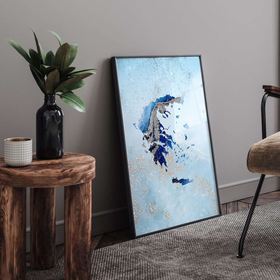 Greece Map Shades of Blue & Silver Wall Art Print