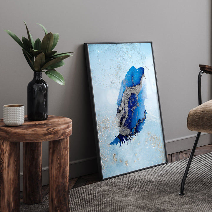 Grenada Map Shades of Blue & Silver Wall Art Print