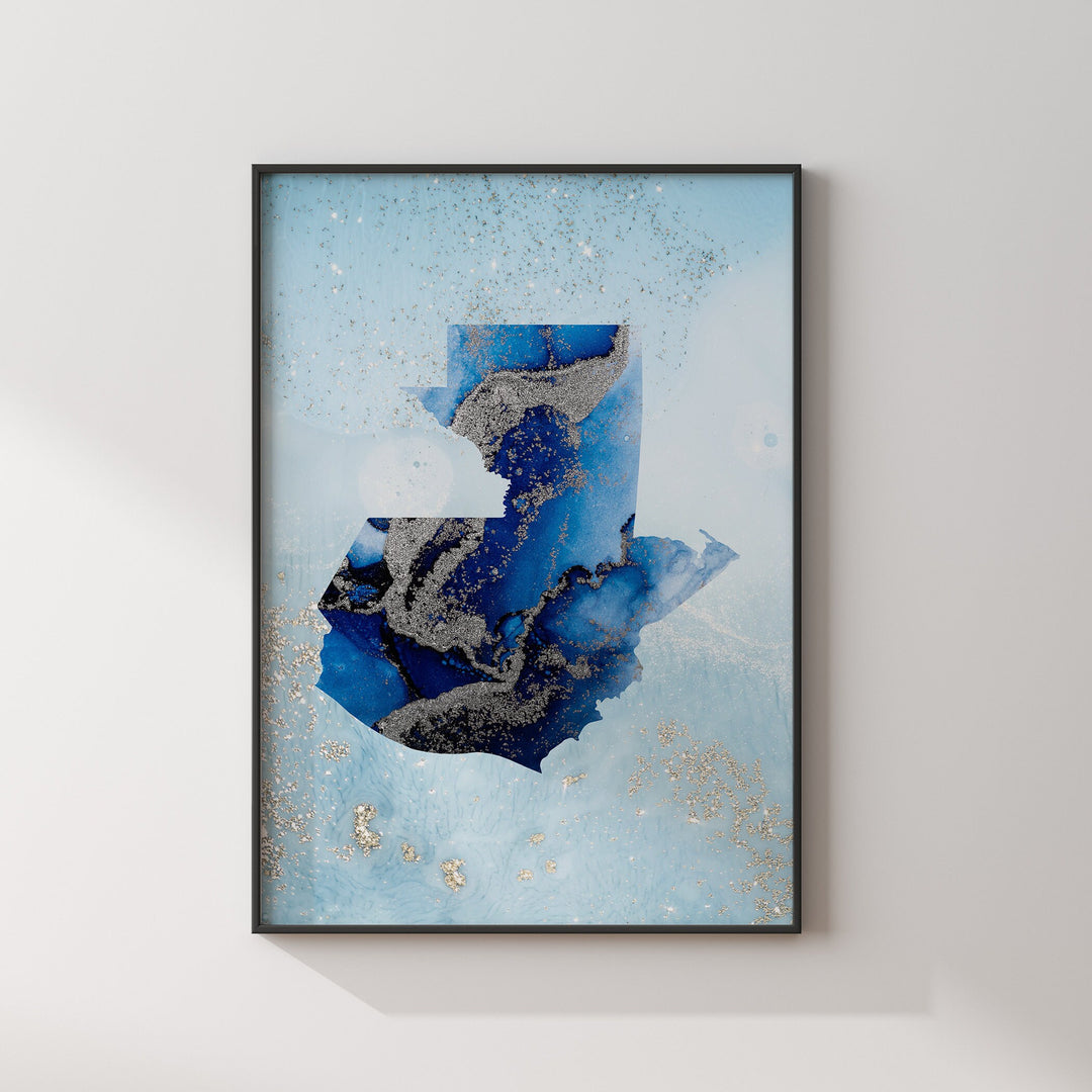 Guatemala Map Shades of Blue & Silver Wall Art Print