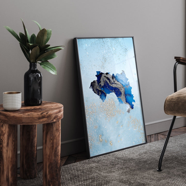 Guinea Map Shades of Blue & Silver Wall Art Print