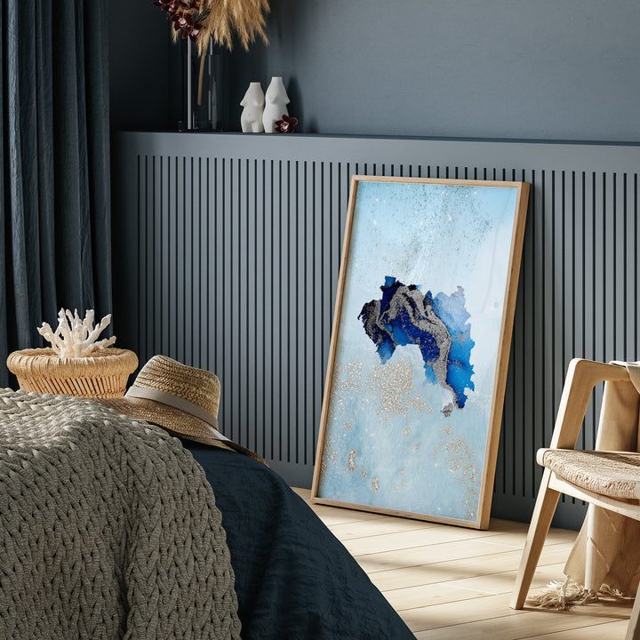 Guinea Map Shades of Blue & Silver Wall Art Print