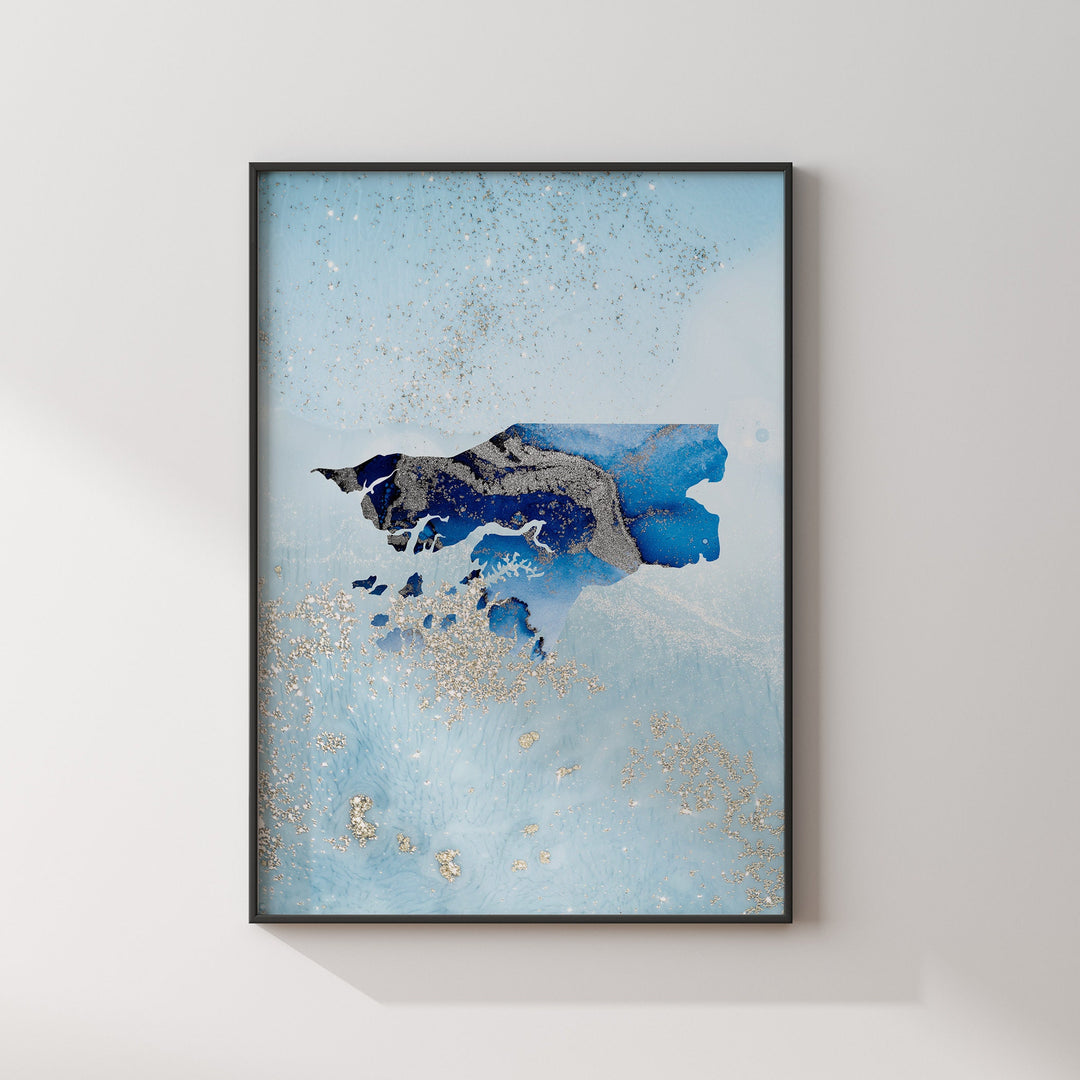 Guinea-Bissau Map Shades of Blue & Silver Wall Art Print