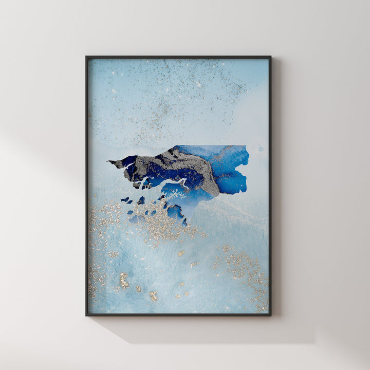 Guinea-Bissau Map Shades of Blue & Silver Wall Art Print
