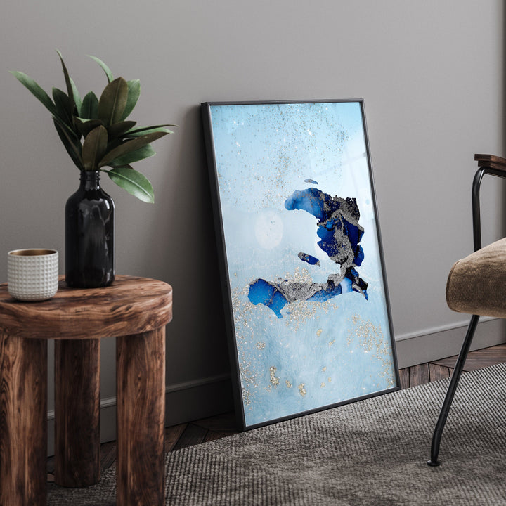 Haiti Map Shades of Blue & Silver Wall Art Print