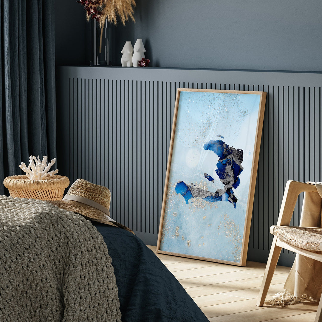 Haiti Map Shades of Blue & Silver Wall Art Print