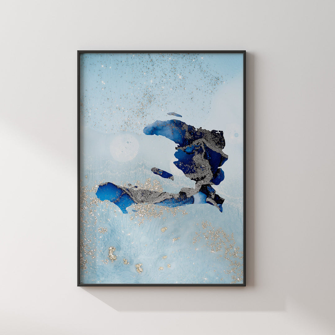 Haiti Map Shades of Blue & Silver Wall Art Print
