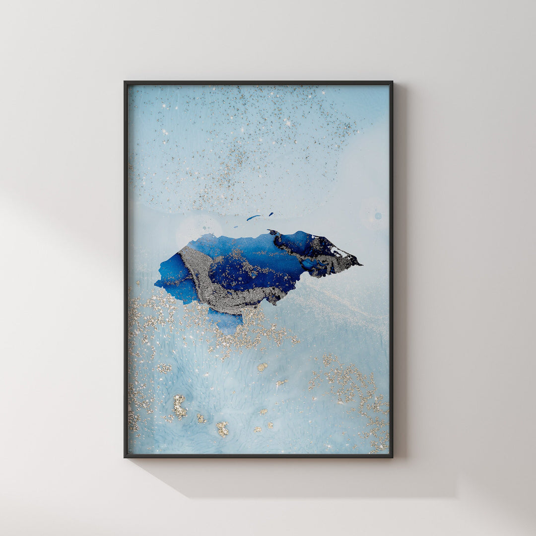 Honduras Map Shades of Blue & Silver Wall Art Print