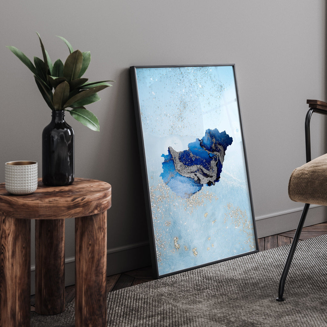 Hungary Map Shades of Blue & Silver Wall Art Print