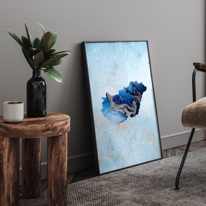 Hungary Map Shades of Blue & Silver Wall Art Print