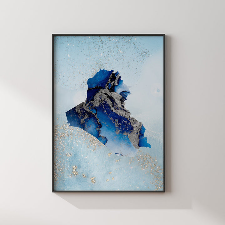 Iraq Map Shades of Blue & Silver Wall Art Print