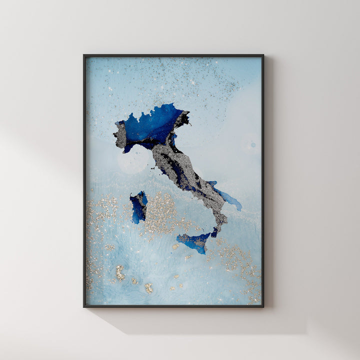 Italy Map Shades of Blue & Silver Wall Art Print