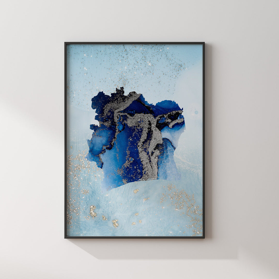 Ivory Coast Map Shades of Blue & Silver Wall Art Print