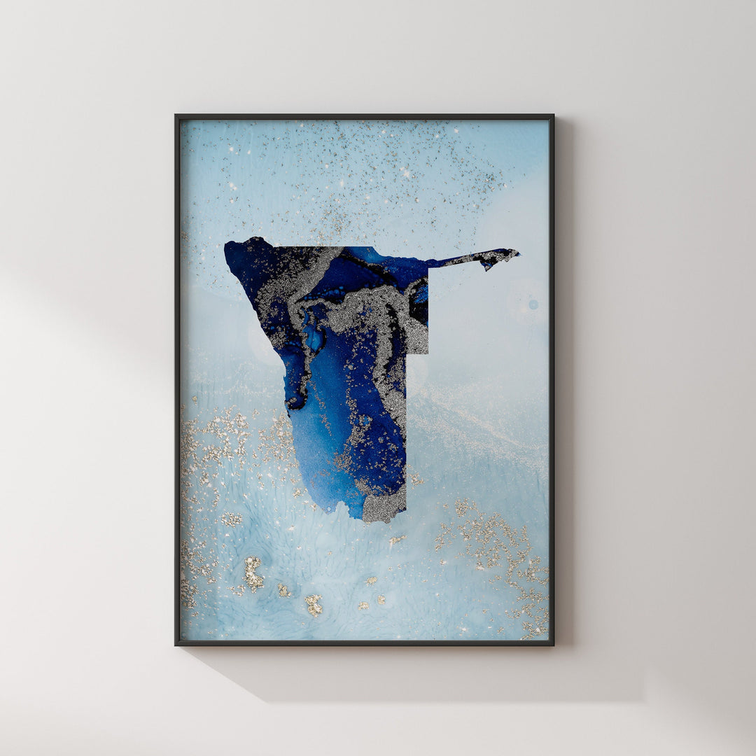 Namibia Map Shades of Blue & Silver Wall Art Print