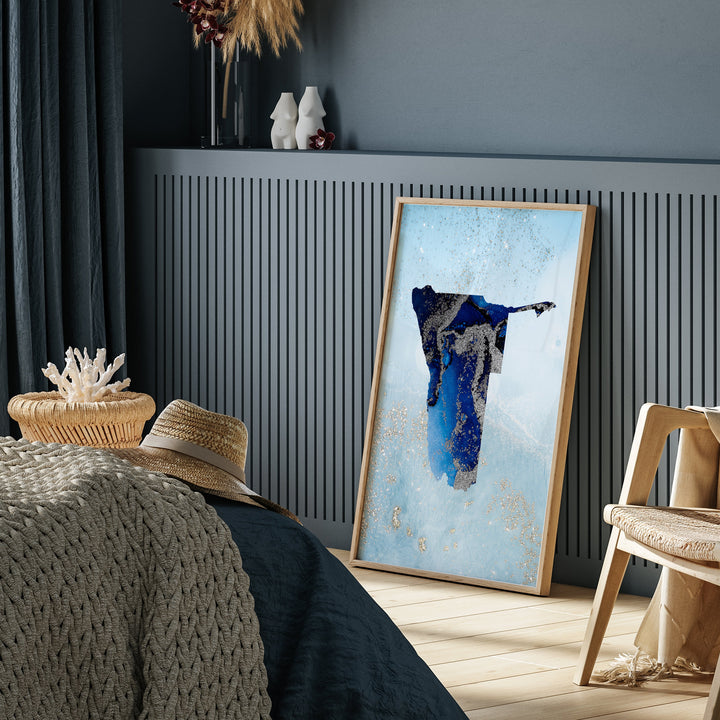 Namibia Map Shades of Blue & Silver Wall Art Print