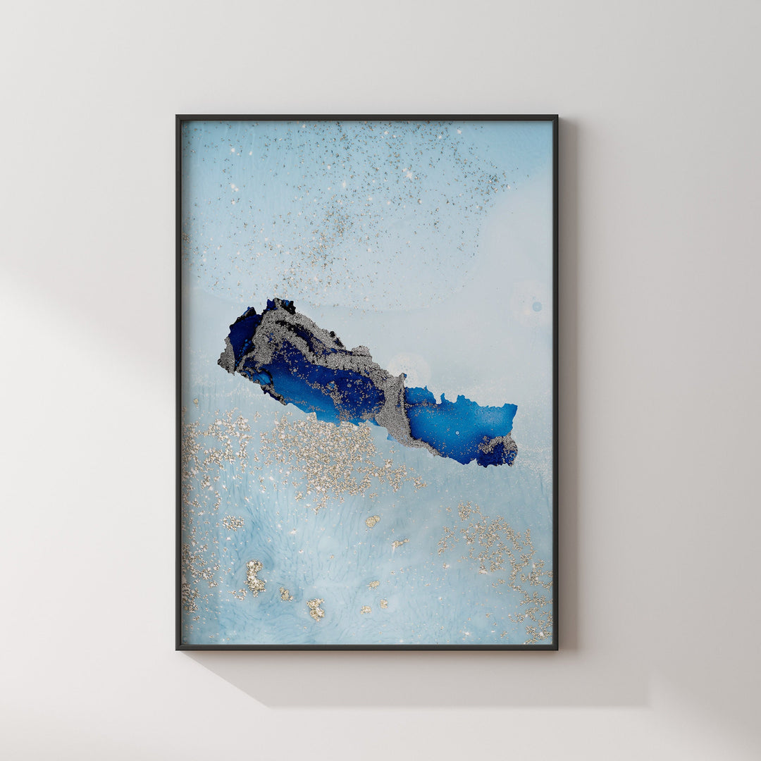 Nepal Map Shades of Blue & Silver Wall Art Print