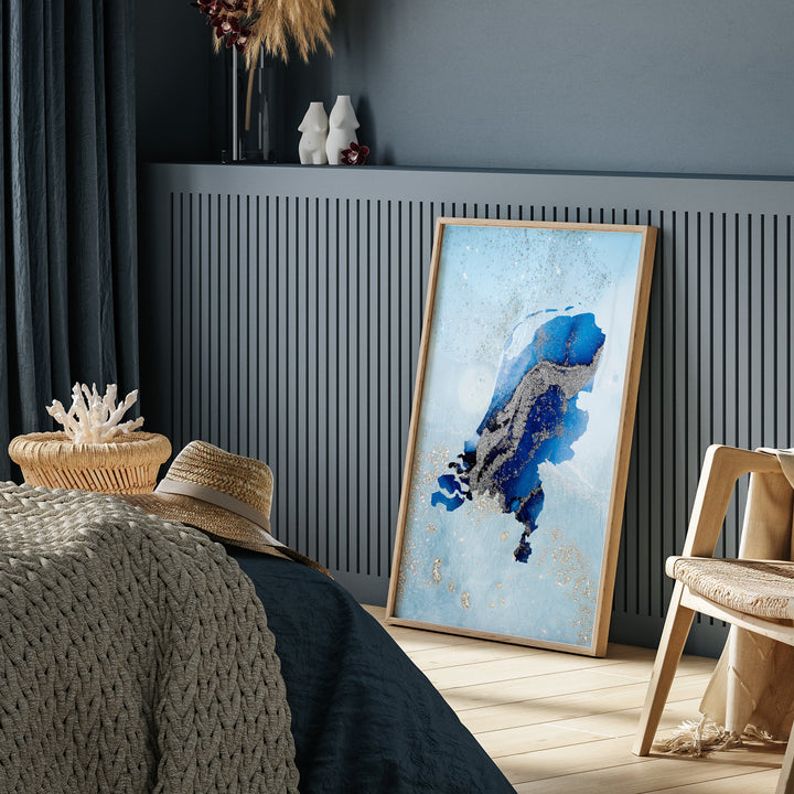 Netherlands Map Shades of Blue & Silver Wall Art Print
