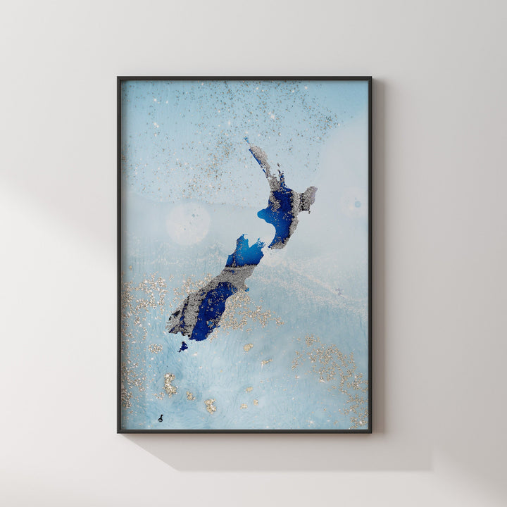 New Zealand Map Shades of Blue & Silver Wall Art Print