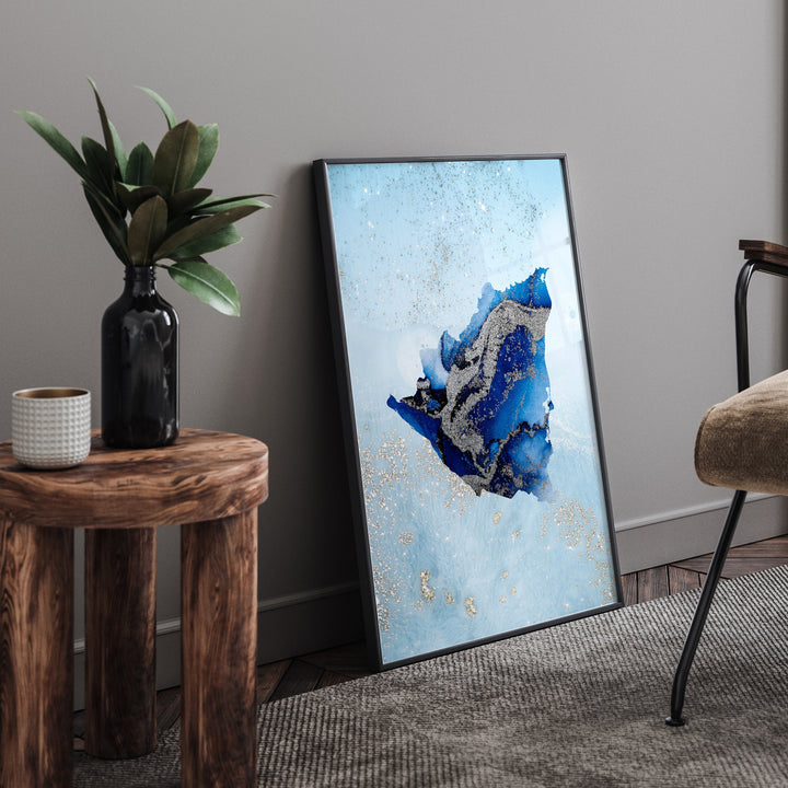 Nicaragua Map Shades of Blue & Silver Wall Art Print