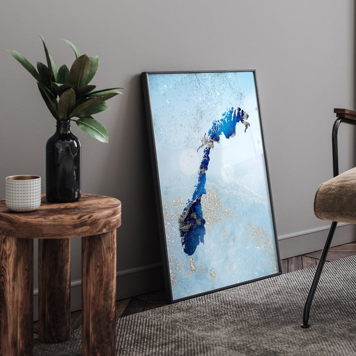Norway Map Shades of Blue & Silver Wall Art Print