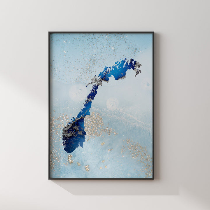 Norway Map Shades of Blue & Silver Wall Art Print