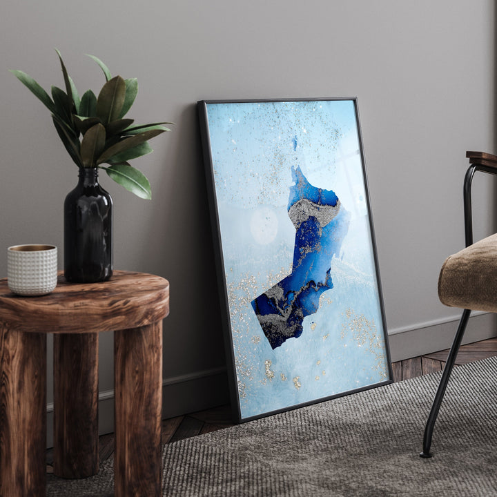 Oman Map Shades of Blue & Silver Wall Art Print