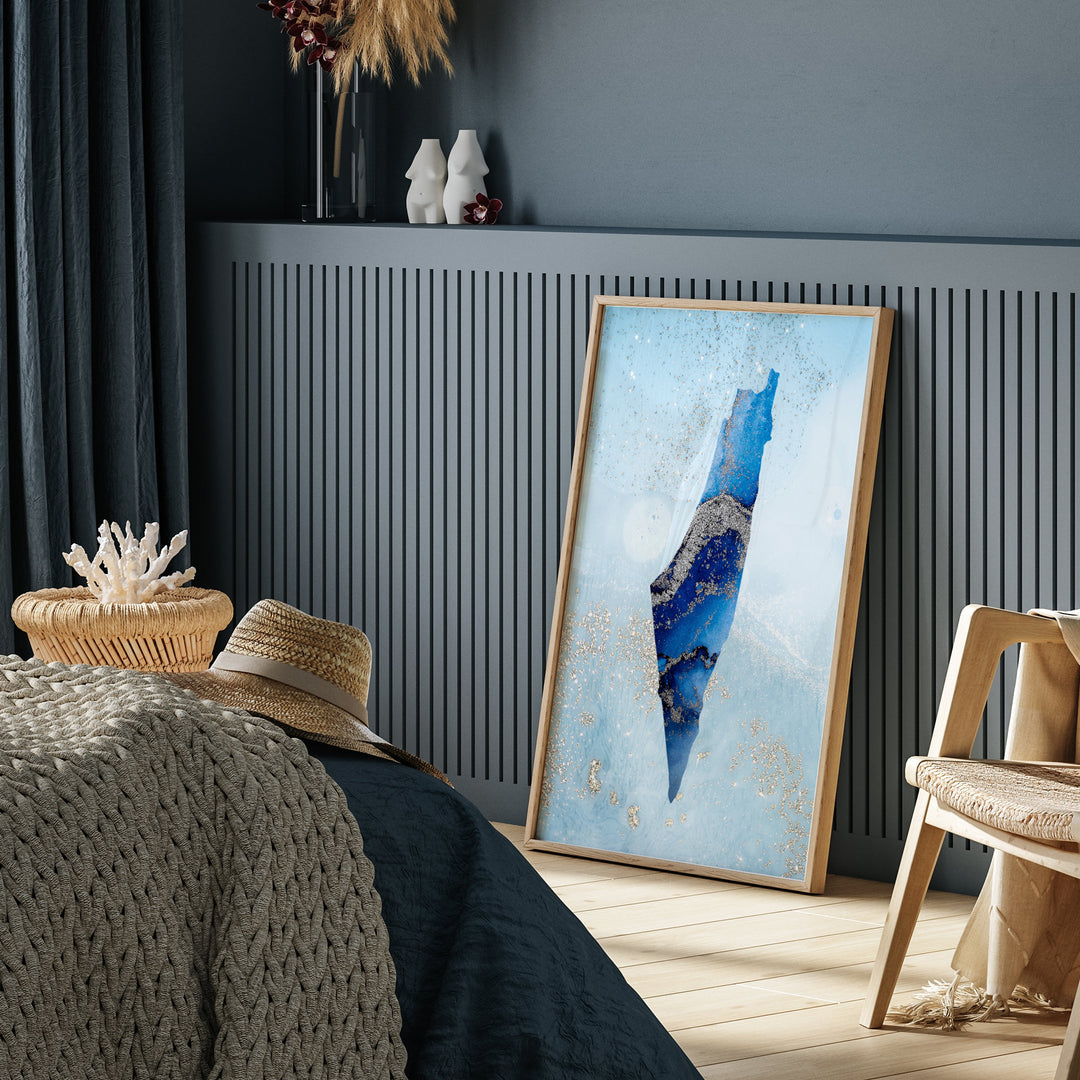 Palestine Map Shades of Blue & Silver Wall Art Print