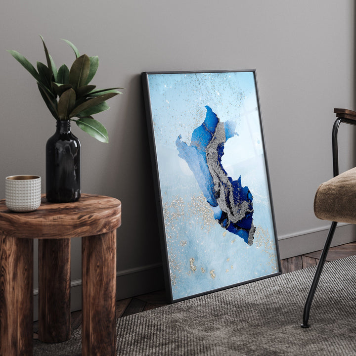 Peru Map Shades of Blue & Silver Wall Art Print
