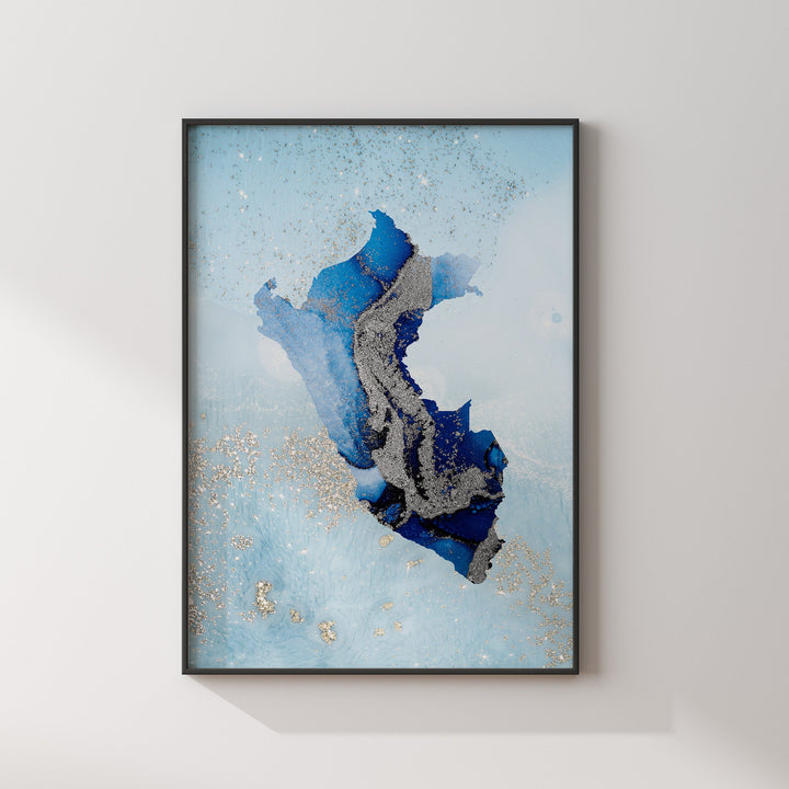 Peru Map Shades of Blue & Silver Wall Art Print
