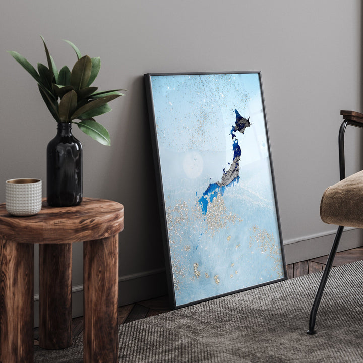 Japan Map Shades of Blue & Silver Wall Art Print
