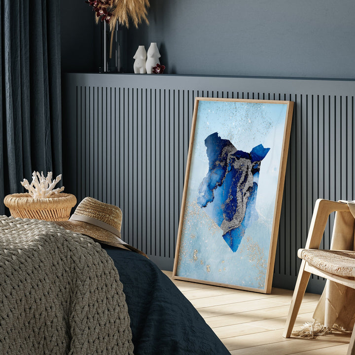 Kenya Map Shades of Blue & Silver Wall Art Print