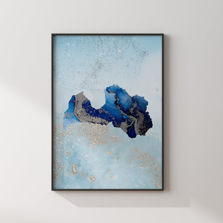 Latvia Map Shades of Blue & Silver Wall Art Print