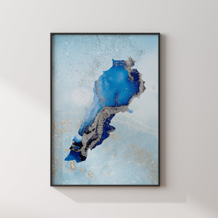Lebanon Map Shades of Blue & Silver Wall Art Print