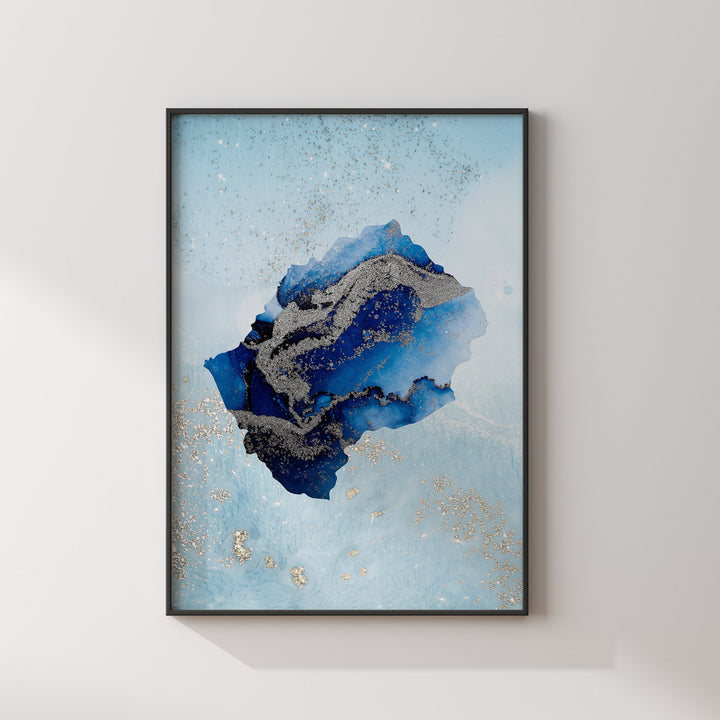 Lesotho Map Shades of Blue & Silver Wall Art Print