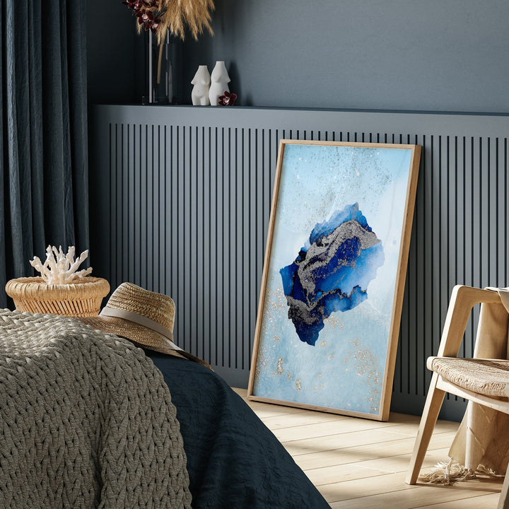 Lesotho Map Shades of Blue & Silver Wall Art Print