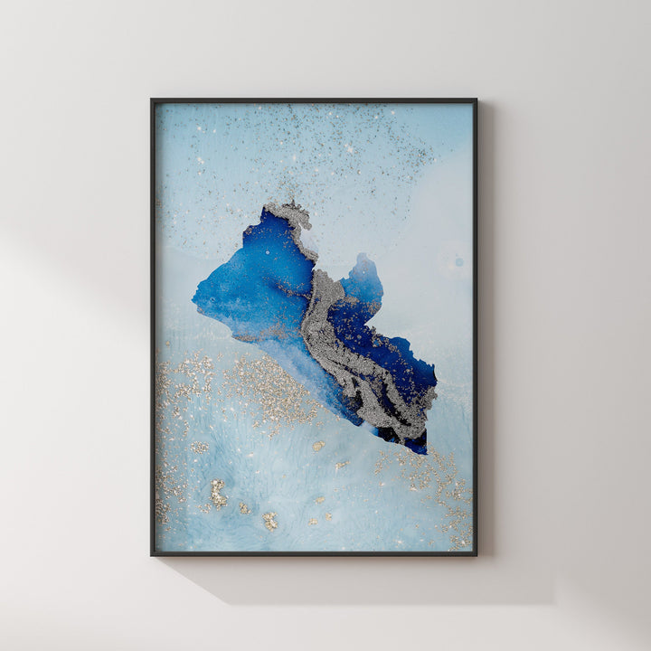 Liberia Map Shades of Blue & Silver Wall Art Print