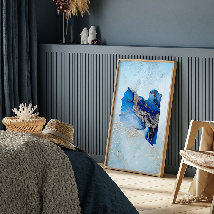Libya Map Shades of Blue & Silver Wall Art Print