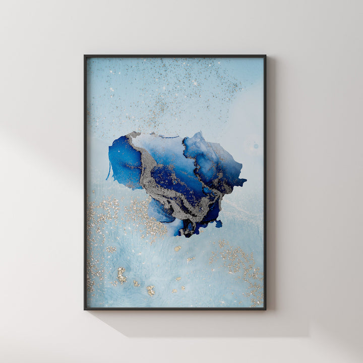 Lithuania Map Shades of Blue & Silver Wall Art Print