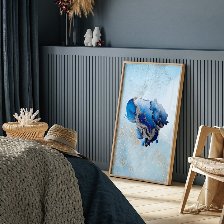 Lithuania Map Shades of Blue & Silver Wall Art Print